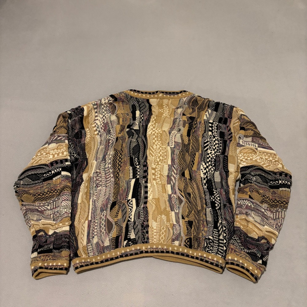 Vintage Tundra 3D Knit Cardigan Sweater Tan Black Multi Pattern 90s Style XL - Picture 4 of 4